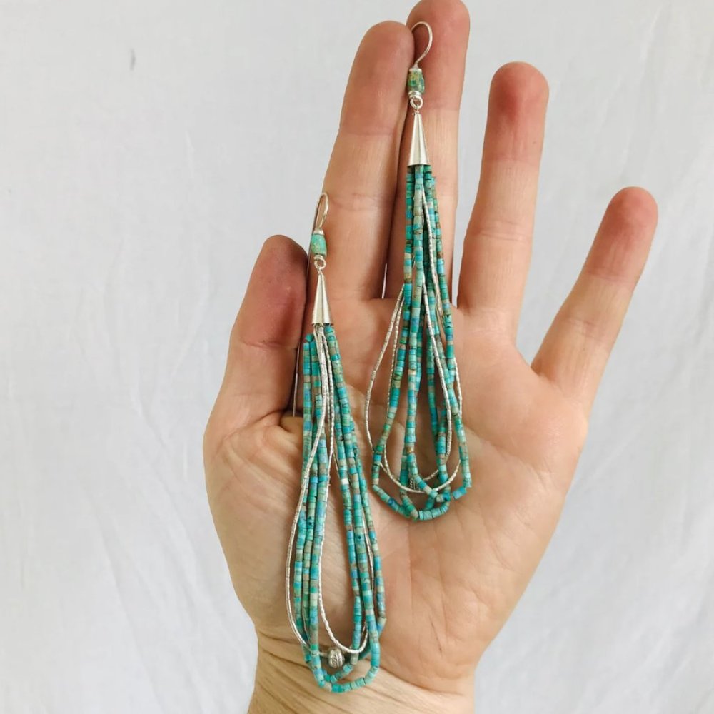 Handmade turquoise & silver long dangle earrings